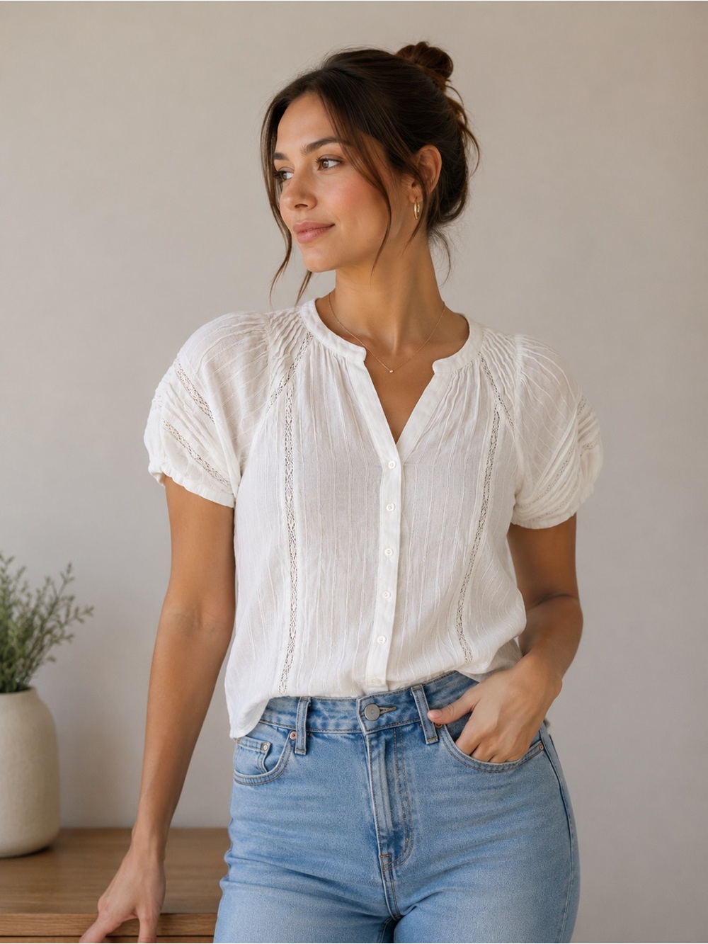 Z Supply White Button-Up Short Sleeve Lace Trim Top